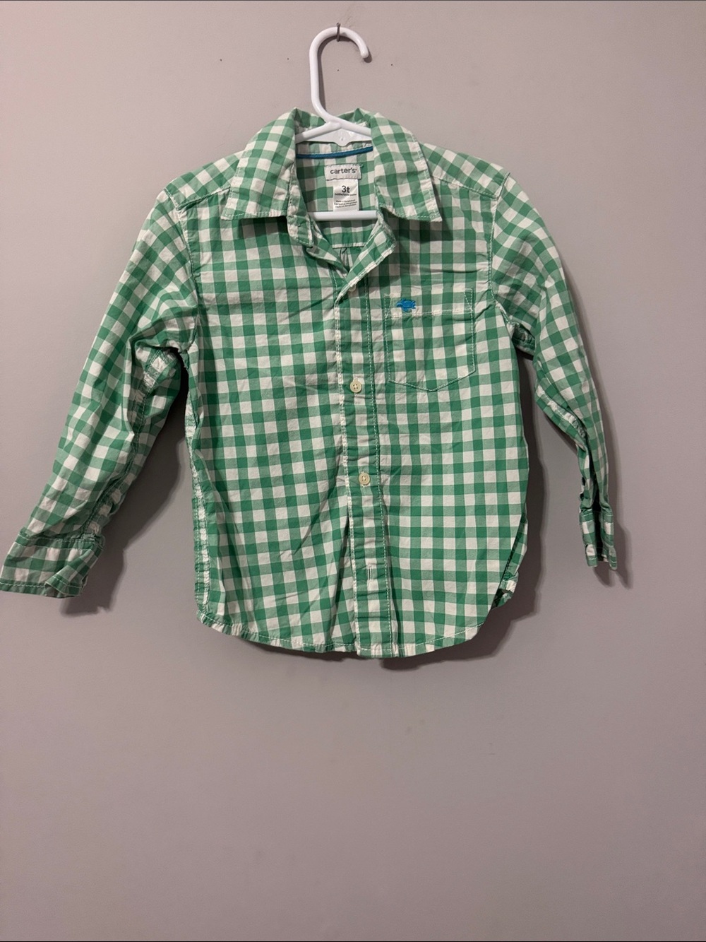 Carter's Green and White Gingham Button-Down Shirt-Size 3T